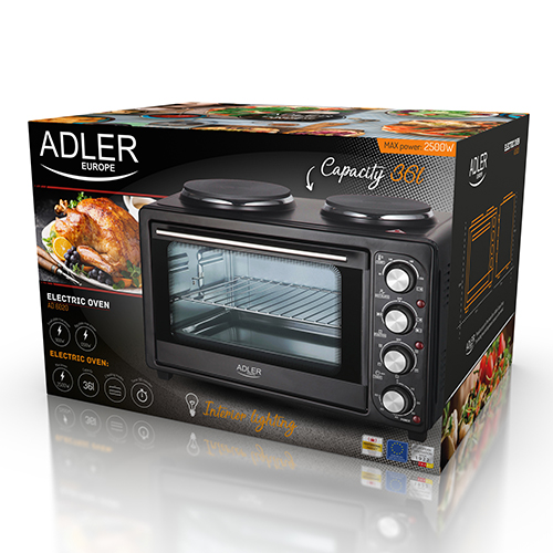 Black Silver Adler Mini Oven with Capacity of 12 liters and 1000 W Power MS 6004
