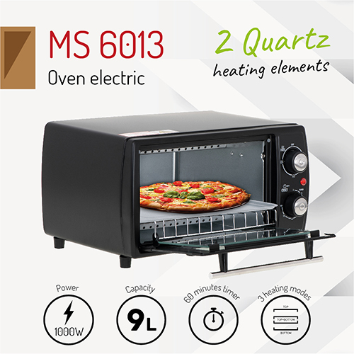 Black Silver Adler Mini Oven with Capacity of 12 liters and 1000 W Power MS 6004